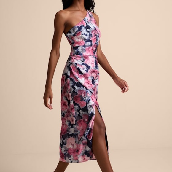 Lulus Dresses & Skirts - Lulus Jemmilah Navy Floral Textured One-shoulder Midi Dress Blue - Size M